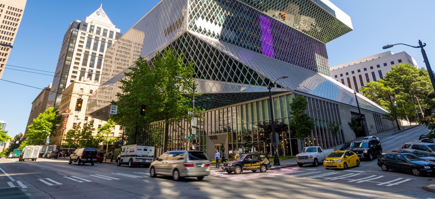 Seattle's Central Library stands at Fourth Avenue and Madison Street in the central business district. 