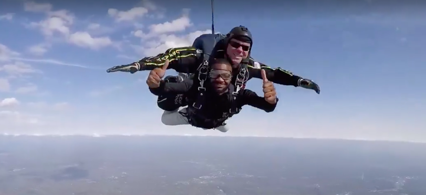 Birmingham, Alabama Mayor Randall Woodfin was thumbs up for at least part of his skydive on Monday.
