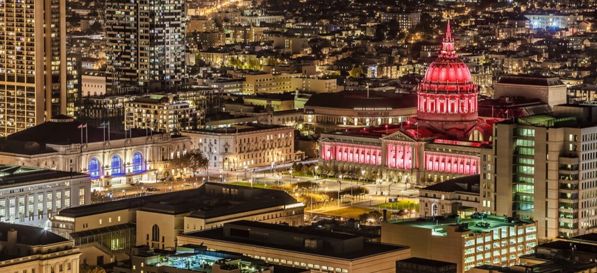 Looking at City Hall at night in San Francisco, California