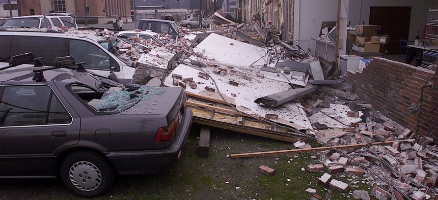 Damage in a south Seattle neighboring following the Feb. 28, 2001 Nisqually earthquake in the Puget Sound region. 