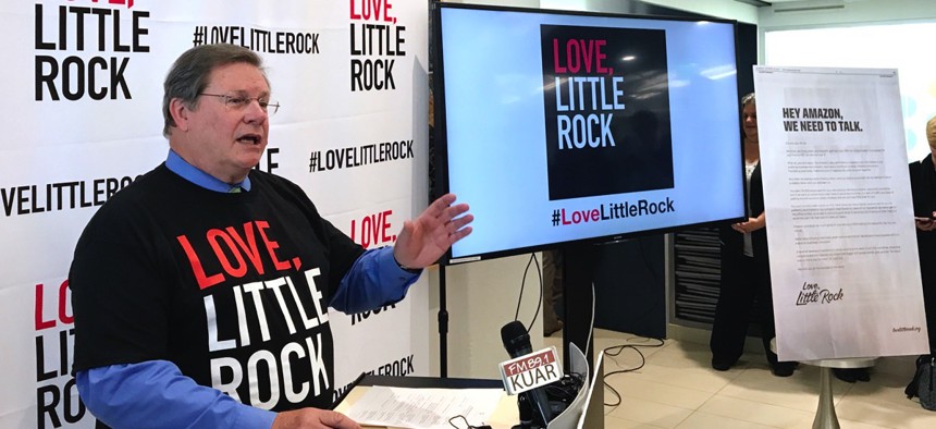 Little Rock, Arkansas Mayor Mark Stodola, who is also president of the National League of Cities, discusses his city's decision to not pursue Amazon's proposed second headquarters at a news conference on Oct. 19.