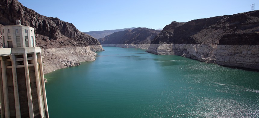 Lake Mead along the Colorado River sits behind Hoover Dam.