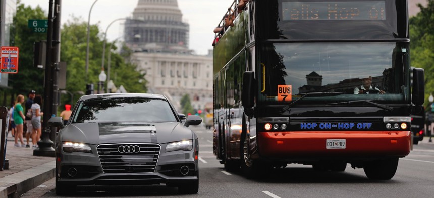 An Audi self-driving vehicle parked on Pennsylvania Avenue near the Capitol in Washington, D.C.