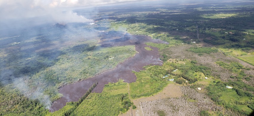 An aerial view of an active lava flow near Kilauea on the Big Island.