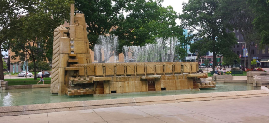 The "Fountain of the Pioneers" previously stood in Bronson Park in downtown Kalamazoo, Michigan