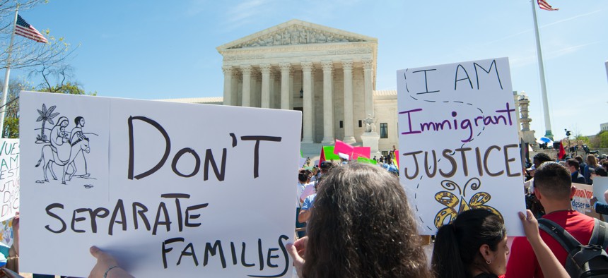 Supporters of President Obama's DAPA and DACA policies on immigration and deportation gathered at the Supreme Court during oral argument in Washington, DC on April 18, 2016.