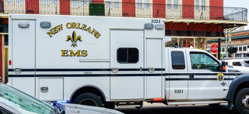 New Orleans, Aug 20, 2017: Emergency Medical Services (EMS) vehicle stationed along Decatur Street in the French Quarter area.