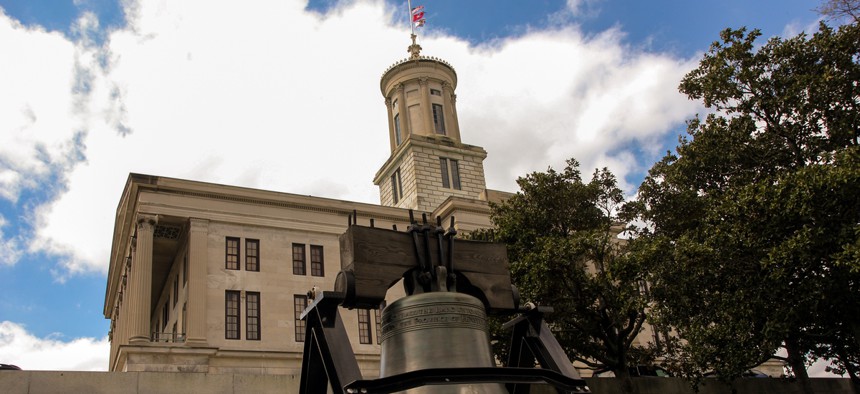 Tennessee State Capitol and historic bell, Nashville, Tennessee. 