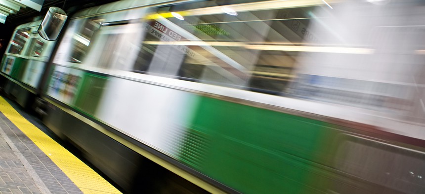A MBTA trolley moves through the Green Line subway in Boston.