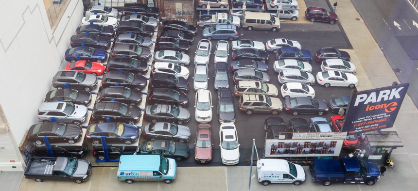 A crowded parking lot in New York CIty. 