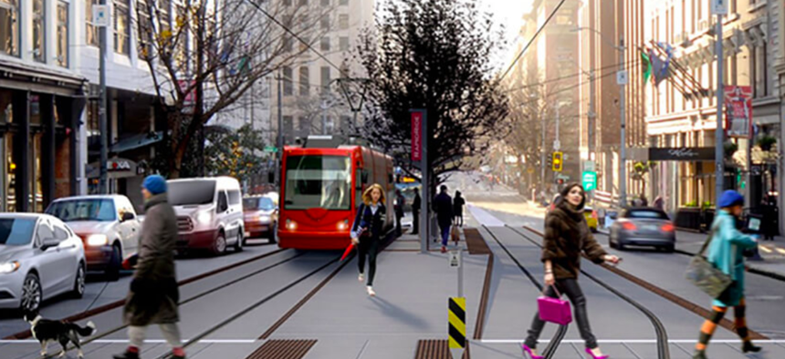 A rendering of the Center City Connector streetcar line along First Avenue in Seattle.