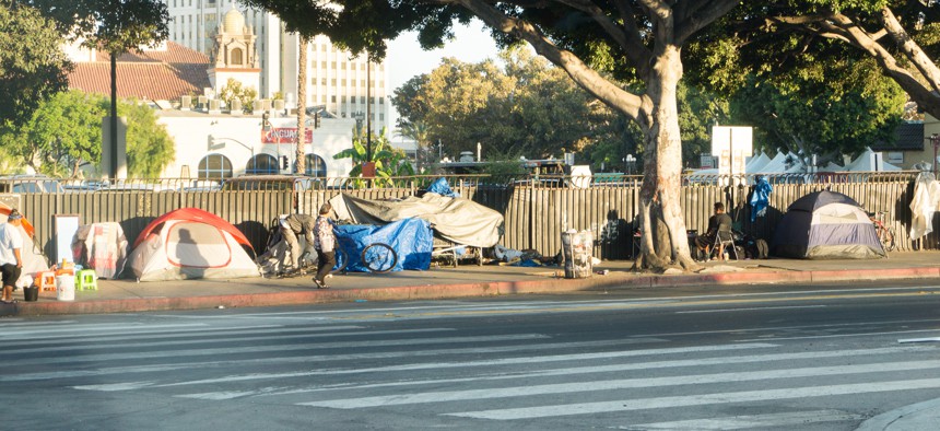 Homeless people living in tents in downtown Los Angeles. 