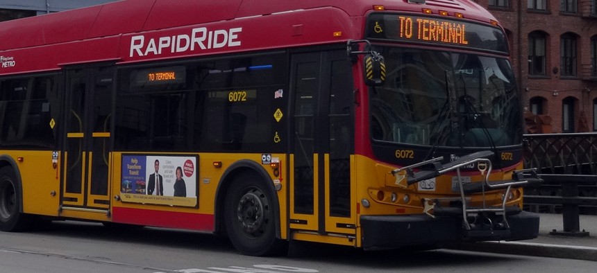 A King County Metro RapidRide bus in downtown Seattle.