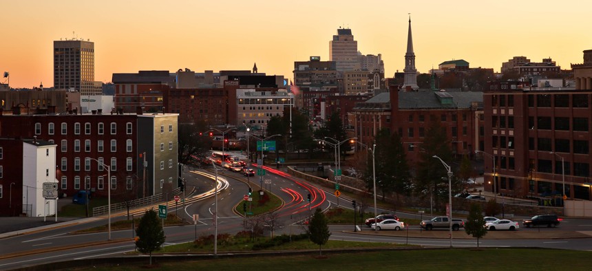 The skyline of Worcester, Massachusetts after sunset in 2017.
