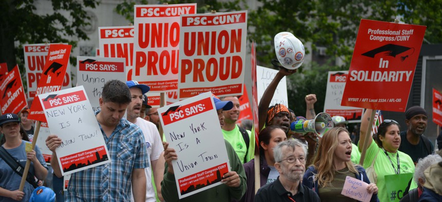 Union supporters demonstrate in New York City, during June 2018. 