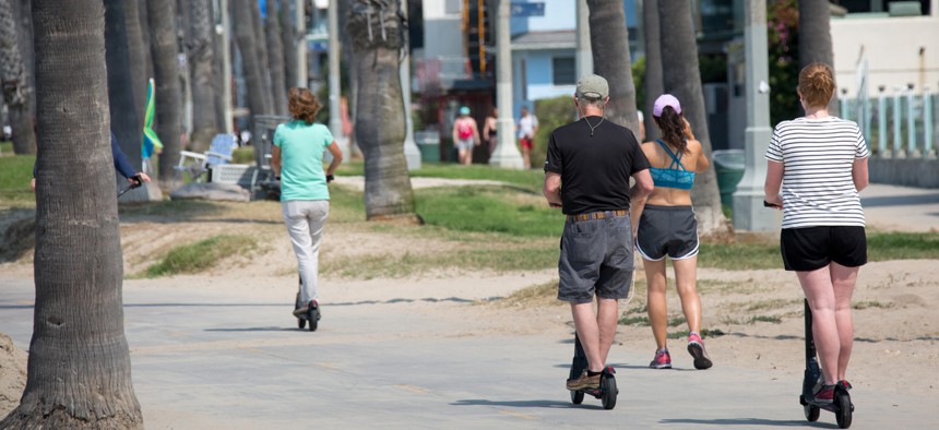 Electric scooters being used in Los Angeles. 