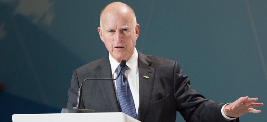California Gov. Jerry Brown speaking at the 2015 United Nations conference on climate change near Paris.