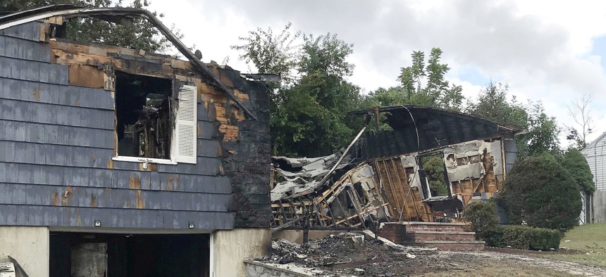 One of multiple houses that went up in flames on Thursday afternoon after gas explosions and fires triggered by a problem with a gas line that feeds homes in several communities north of Boston