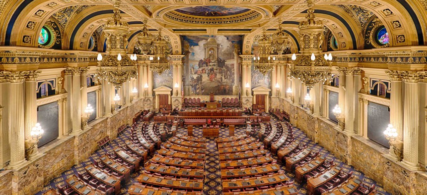 An empty House of Representatives chamber in the Pennsylvania State Capitol building in Harrisburg, Pennsylvania.