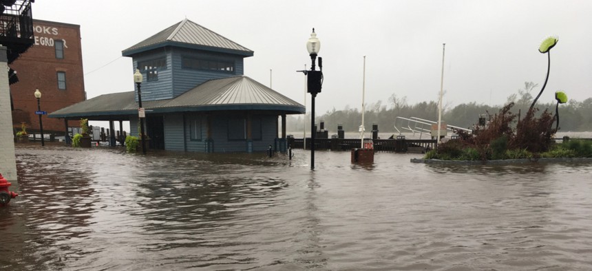 The Cape Fear River floods part of downtown Wilmington, North Carolina