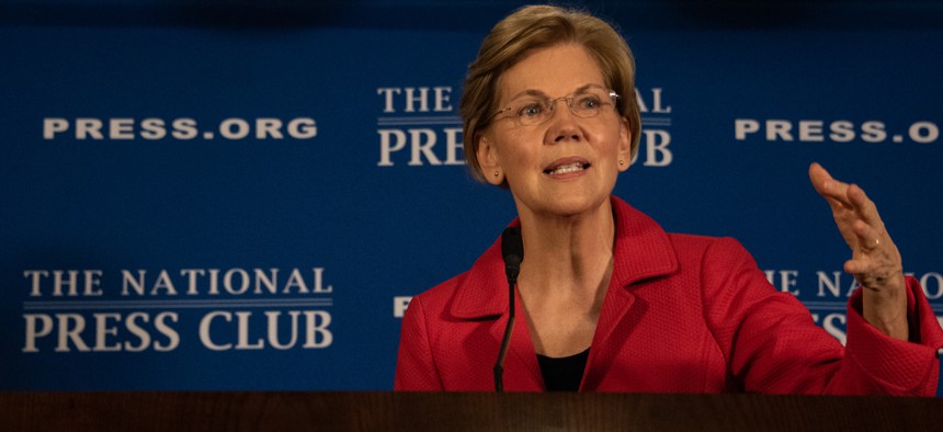 Senator Elizabeth Warren, a Democrat from Massachusetts, potential presidential candidate, speaks in August 2018 at the National Press Club. 