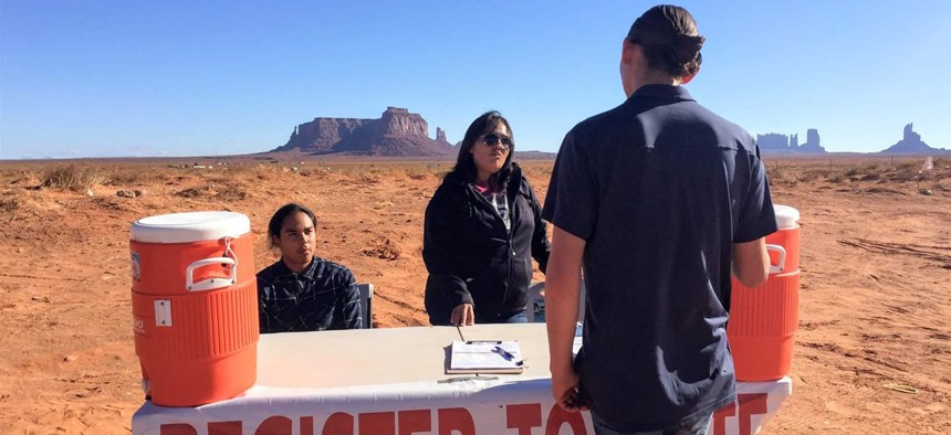 Delaney After Buffalo, left, and Tara Benally register Shaye Holiday to vote in Monument Valley, Utah. Native Americans here have a chance to take control of local government for the first time. 