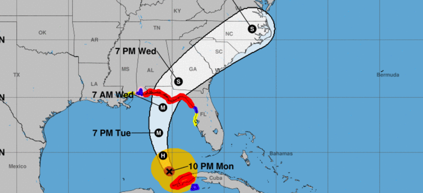The National Hurricane Center's forecast track for Hurricane Michael from Monday night. 
