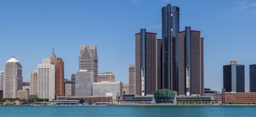 The skyline of Detroit, Michigan. Home values have decreased since 2000 in some majority black neighborhoods along Detroit's Eight Mile Road.