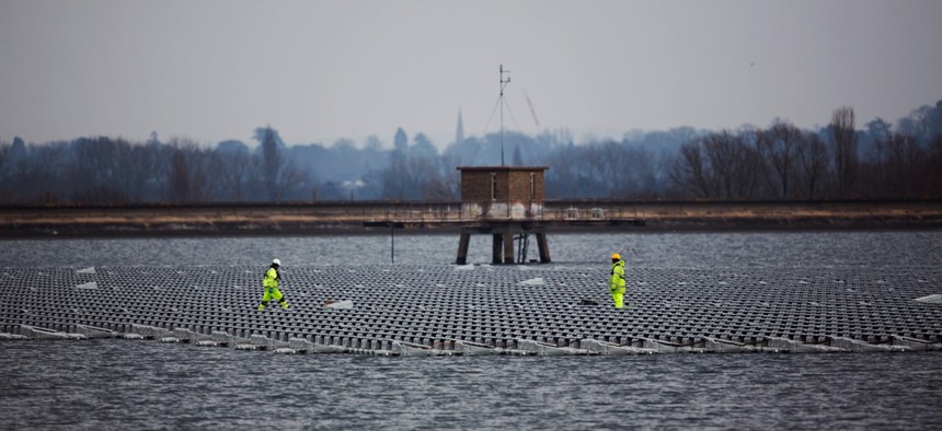 A floating solar panel array in London.