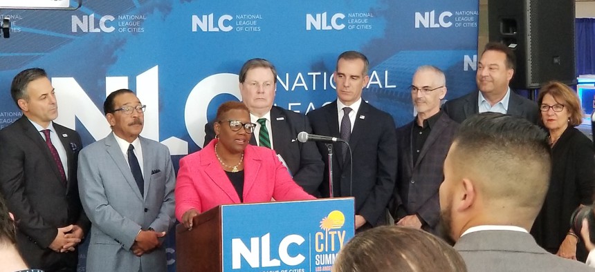 Gary, Indiana Mayor Karen Freeman-Wilson speaks at a press conference at the Los Angeles Convention Center on Thursday at the National League of Cities annual City Summit.