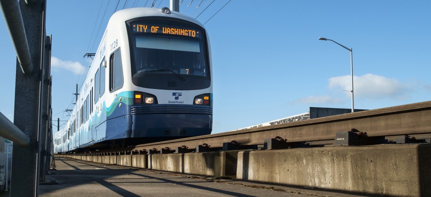 A Sound Transit Link train heads north into downtown Seattle.