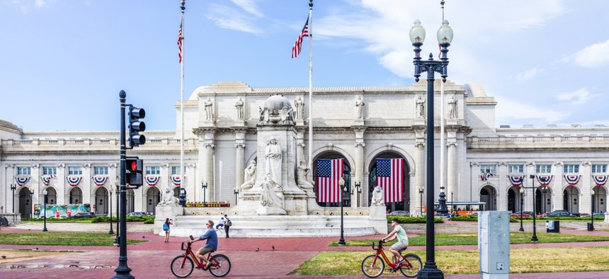 Bikeshare riders outside Union Station in Washington, D.C.
