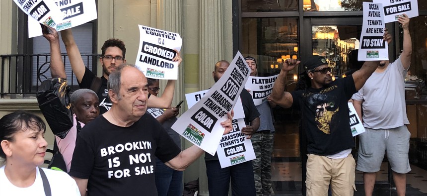 Protesters in the Flatbush neighborhood in Brooklyn, New York. In March, Democratic Mayor Bill de Blasio signed legislation extending rent regulation laws through April 2021.