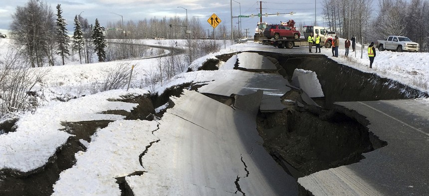 Soil liquefaction from Friday's earthquake caused a highway offramp near Anchorage International Airport to collapse.
