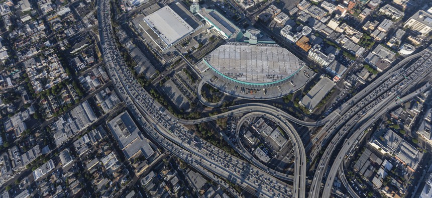 The 10 and 110 freeways intersect near downtown Los Angeles.