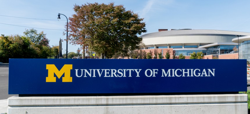 Entrance sign to the campus of the University of Michigan at Ann Arbor.