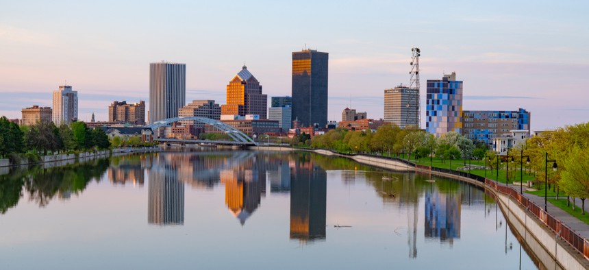 Skyline of Rochester, New York along the Genesee River. New York lost the most population between 2017 and 2018.