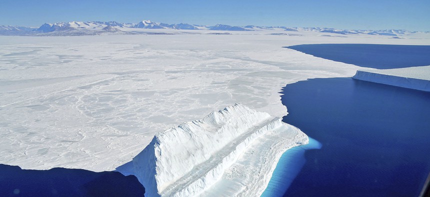 The frigid Antarctic region is an expanse of white ice and blue waters, as pictured in March, 2017, at the U.S. research facility McMurdo Station. 