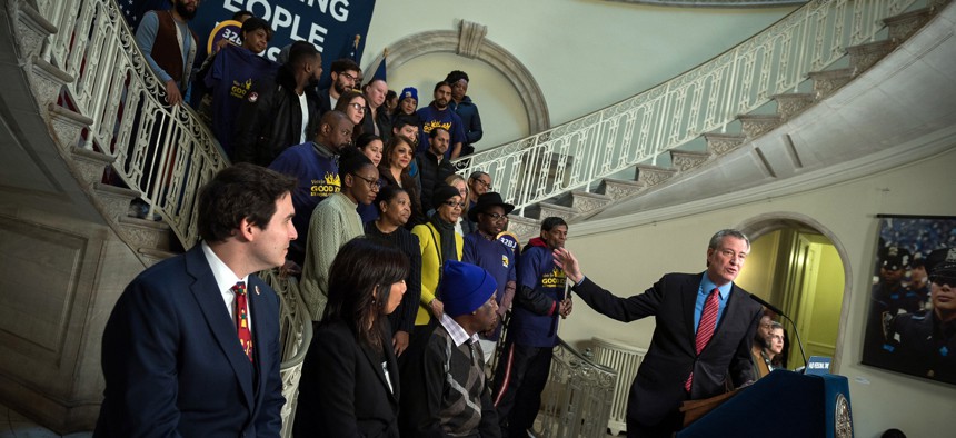 New York City Mayor Bill de Blasio speaks on Wednesday in the Rotunda of City Hall.