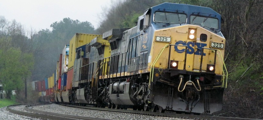 In this March 6, 2018 photo, CSX locomotive number 325 leads an intermodal freight train through Emerson, Ga. 