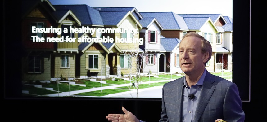Microsoft Corp. President Brad Smith speaks Thursday, Jan. 17, 2019, during a news conference in Bellevue, Wash., to announce a $500 million pledge to develop affordable housing.