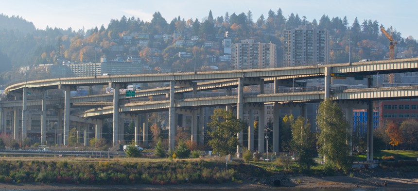 Interstate 5 crosses the Willamette River near Portland's city center.