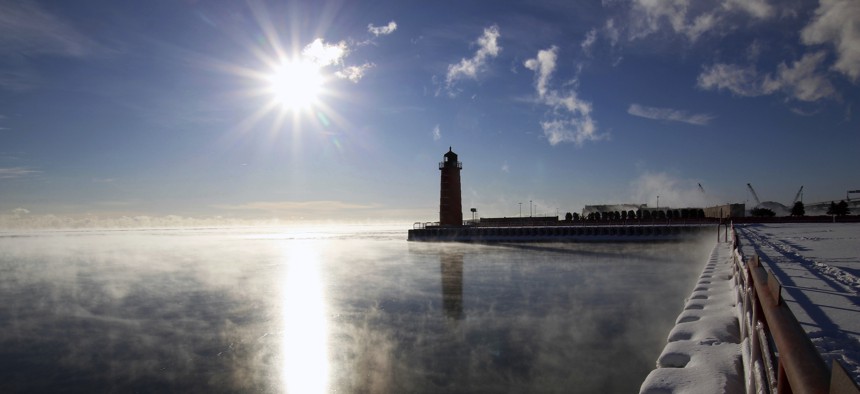 Steam rises from Lake Michigan in Milwaukee