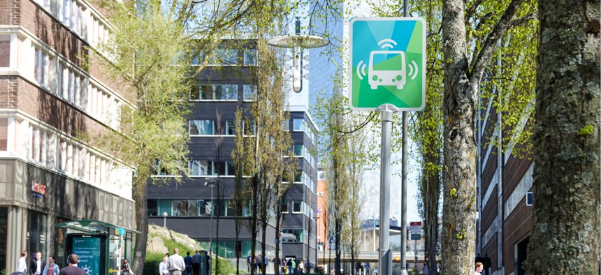 Bus stop for autonomous vehicles in Stockholm, Sweden. 