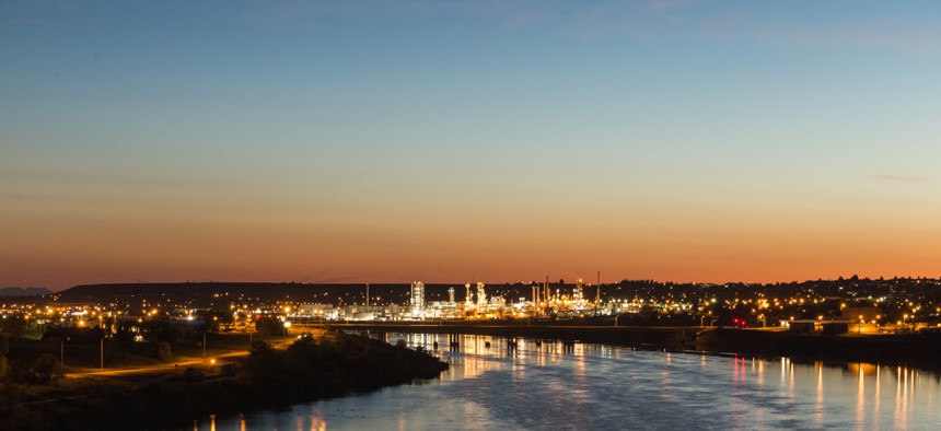 City lights of Great Falls, Montana over the Missouri River.