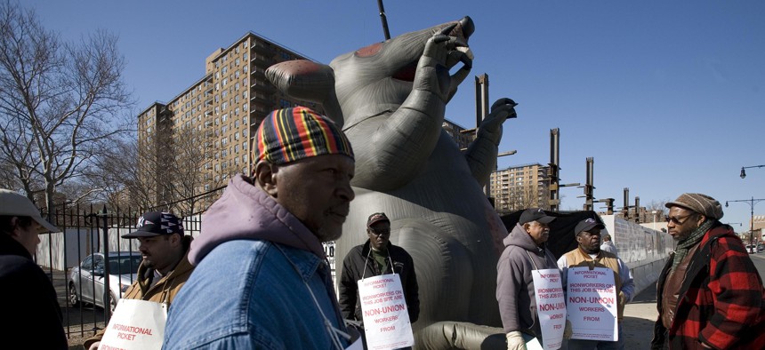 An Ironworkers union picket line featuring Scabby the Rat outside a construction site in Brooklyn, New York City in 2009.
