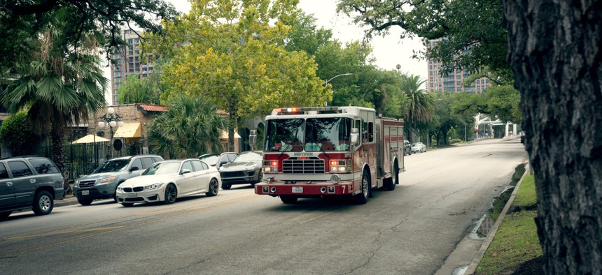 A fire truck on the road in Houston, Texas in 2016.