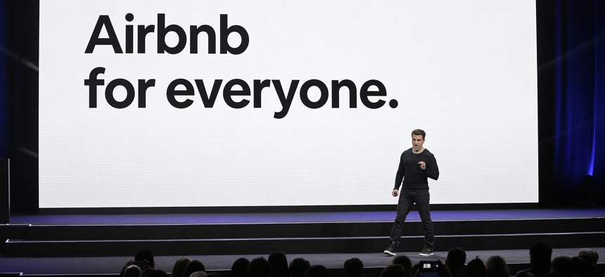  In this Feb. 22, 2018, photo, Airbnb co-founder and CEO Brian Chesky speaks during an event in San Francisco.