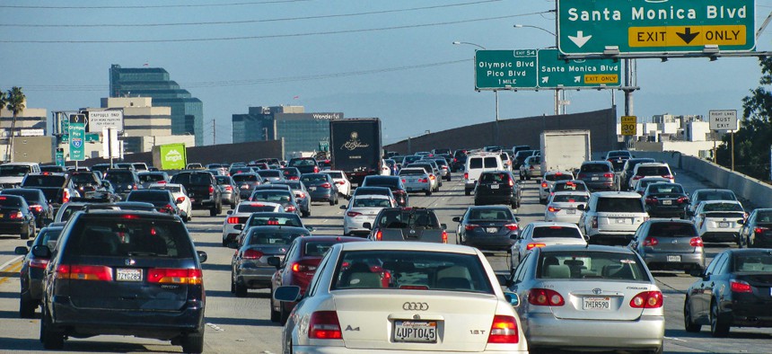 Rush hour traffic on the San Diego Freeway (Interstate 405) approaching downtown LA.