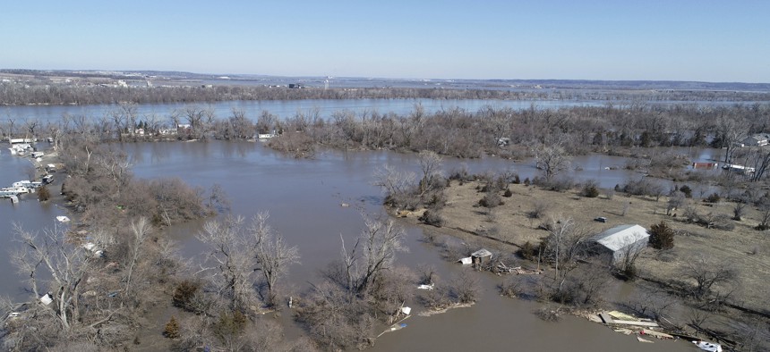 This Wednesday, March 20, 2019 aerial photo shows flooding near the Platte River in in Plattsmouth, Neb., south of Omaha. 